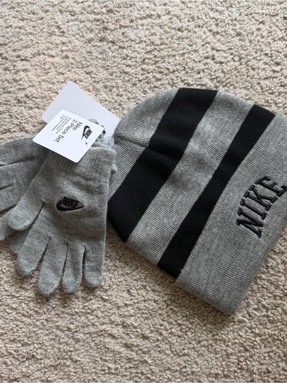 Nike Kids Gray and Black Striped winter hat with Gloves set NWT